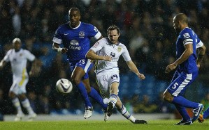 Here scorinh his first leeds goal in a 2-1 victory against Everton in the capital cup 4th round at Elland Road